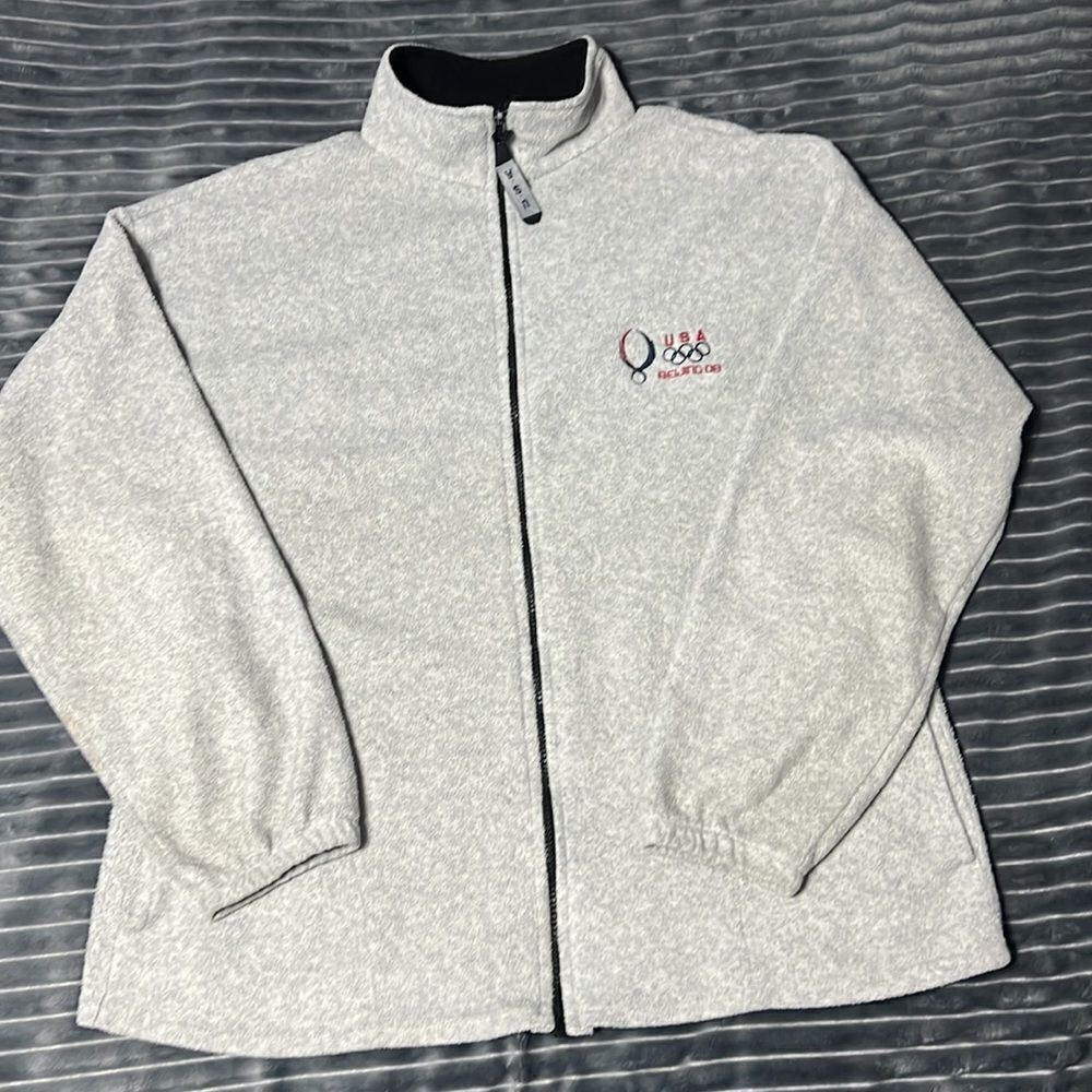 🔥🔥 USA BEIJING ‘08 Embroidered Cotton Fleece Full Zip Jacket -Sz L - EXCELLENT